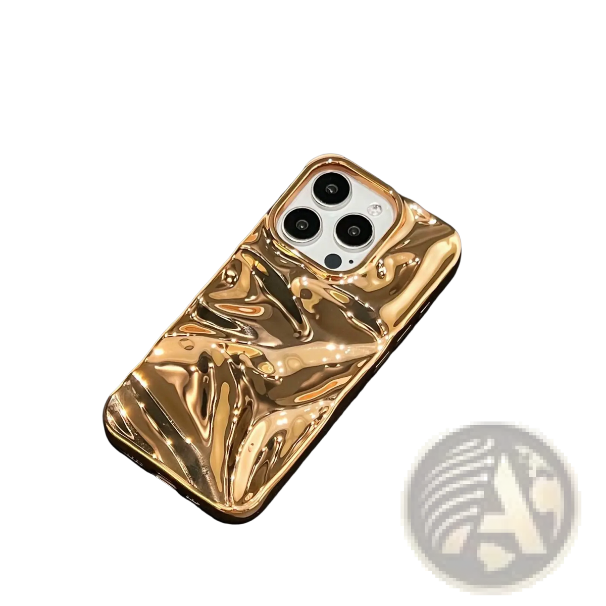 Glossy gold electroplated 3d pleated phone case with a fluid sculpted design shown from the back side