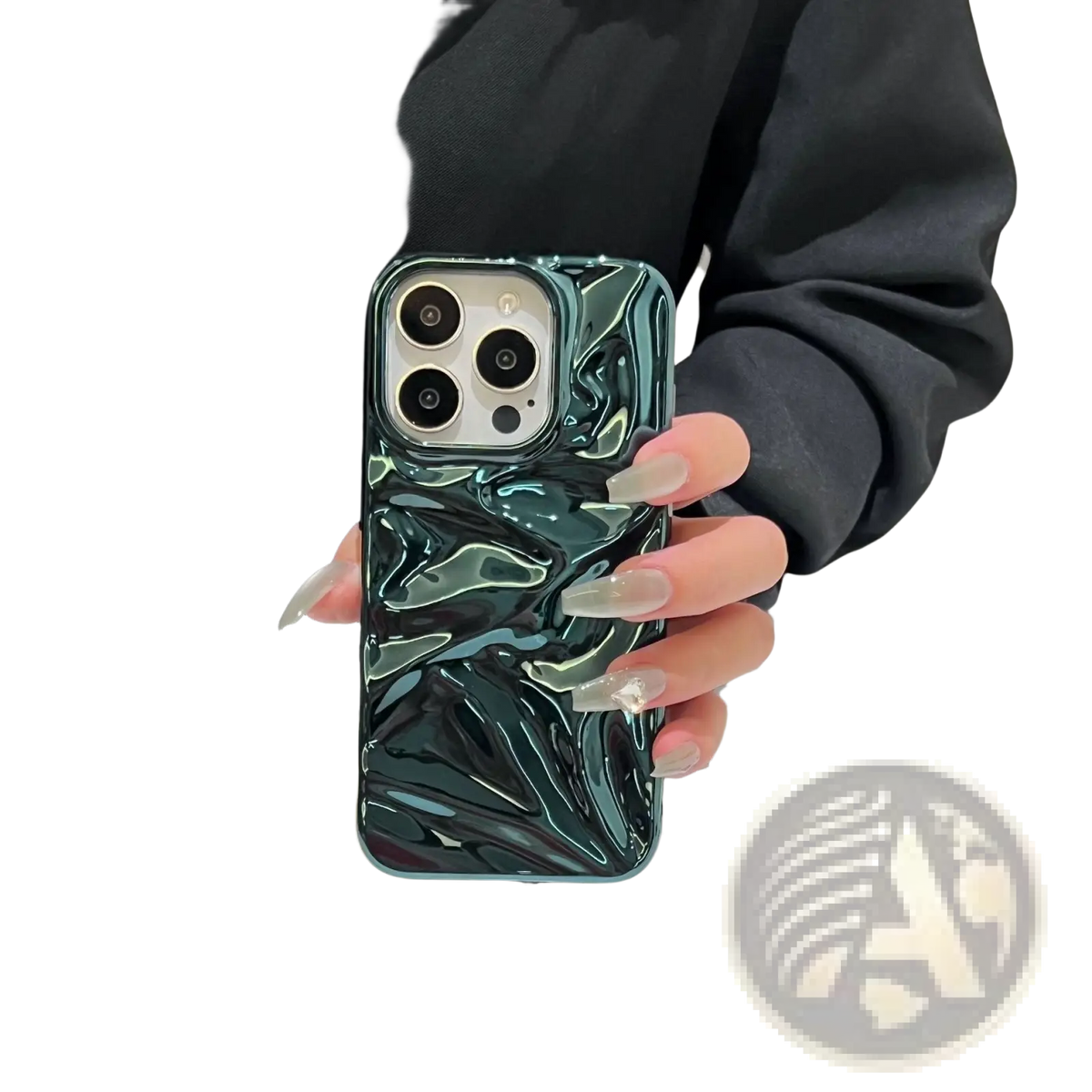 Back side of shiny teal marbled electroplated 3d pleated phone case with a glossy fluid design
