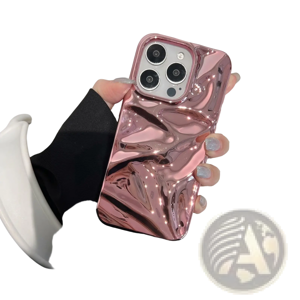 Electroplated 3d pleated phone case back in shiny rose gold with a glossy wavy textured surface