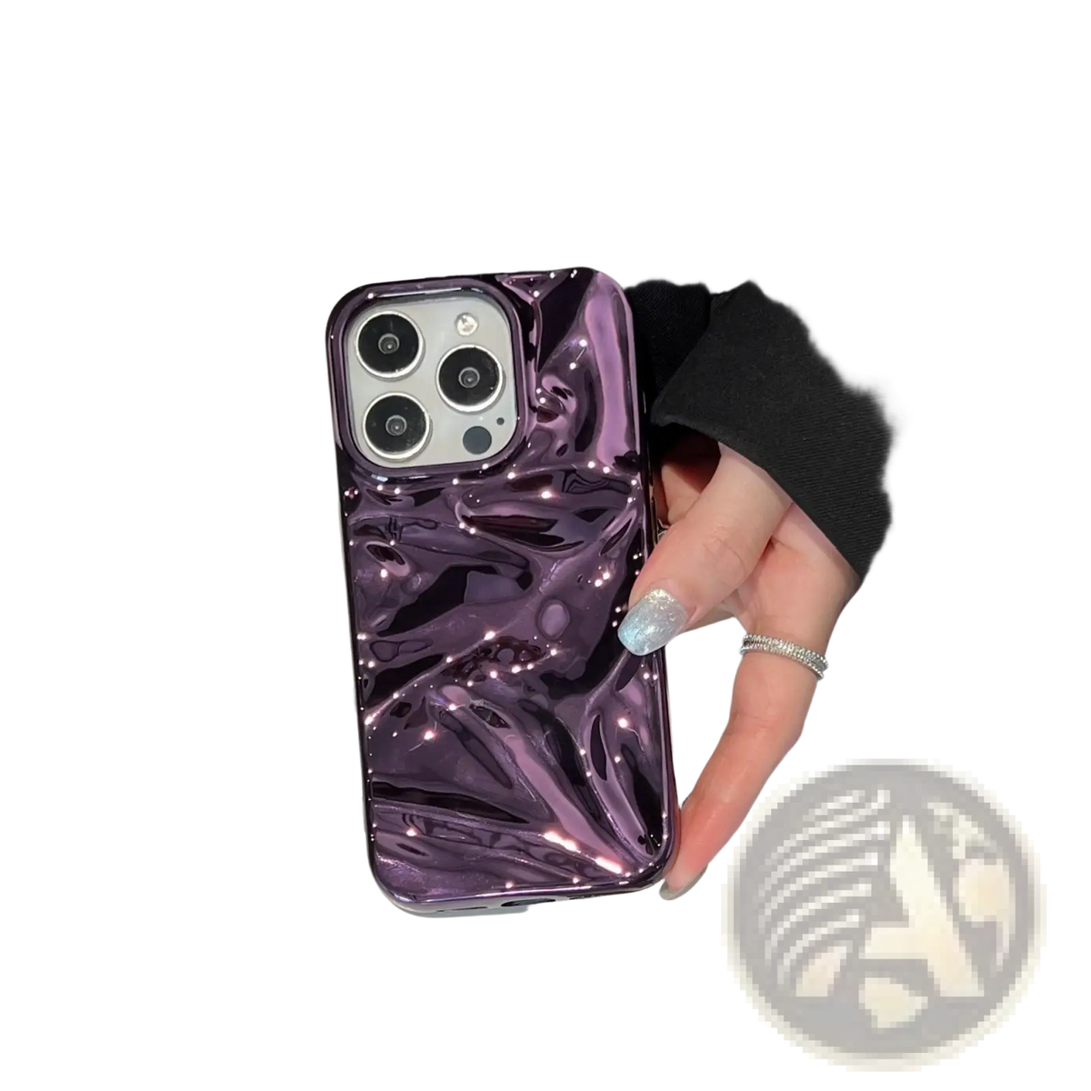 Back side of a glossy iridescent purple electroplated 3d pleated phone case with a fluid wave-like texture