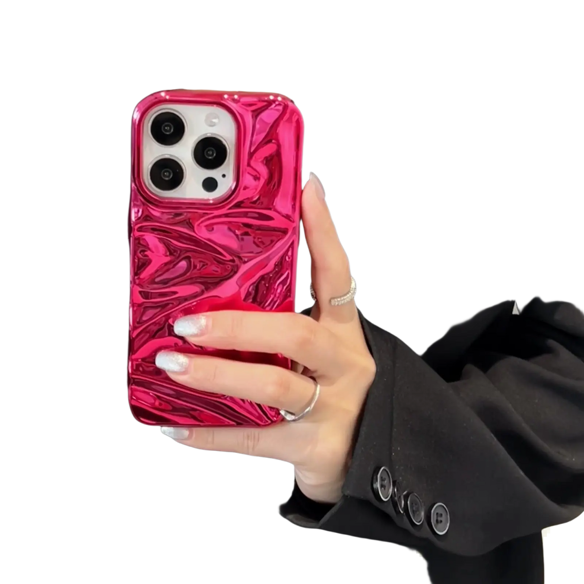 Back side of a vibrant pink electroplated 3d pleated phone case with a glossy marbled reflective finish