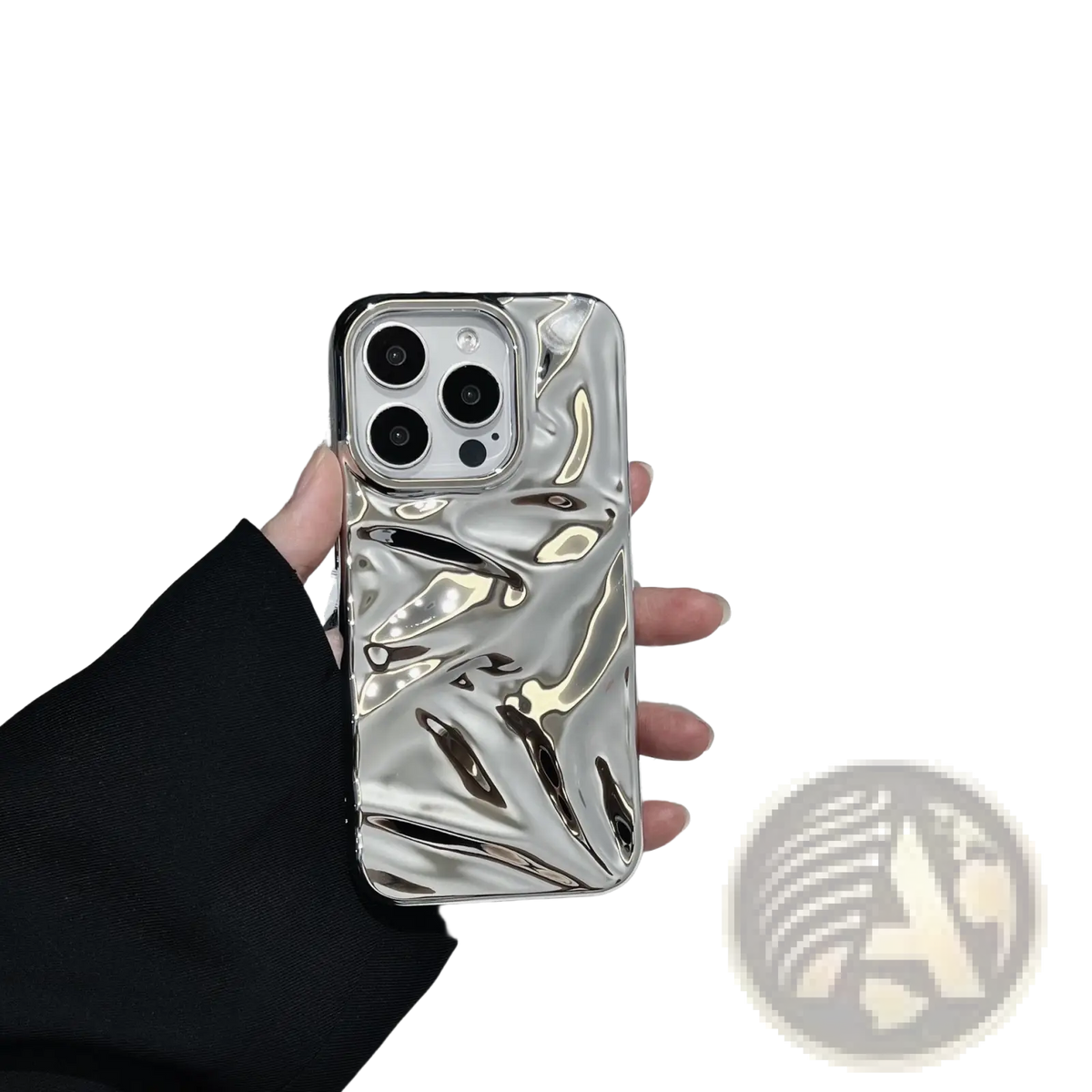 Shiny silver electroplated 3d pleated phone case with crumpled texture and glossy finish showing the back side