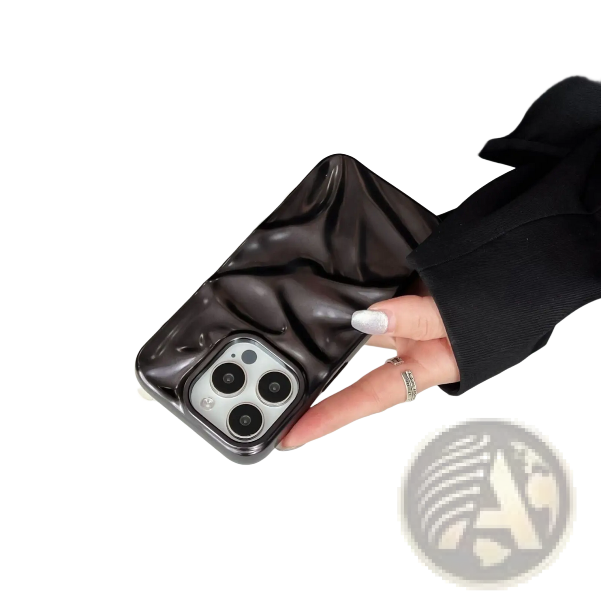 Black glossy crinkled electroplated 3d pleated phone case showing sleek modern design on the back side