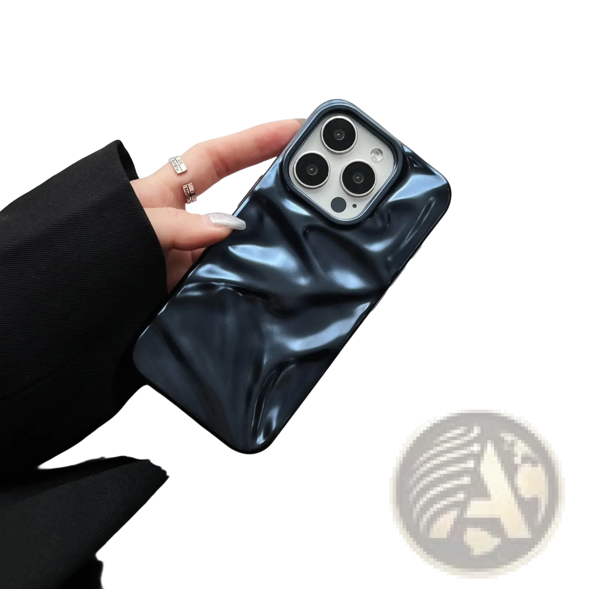 A glossy navy blue electroplated 3d pleated phone case with a subtle wavy texture reflecting light shown from the back side