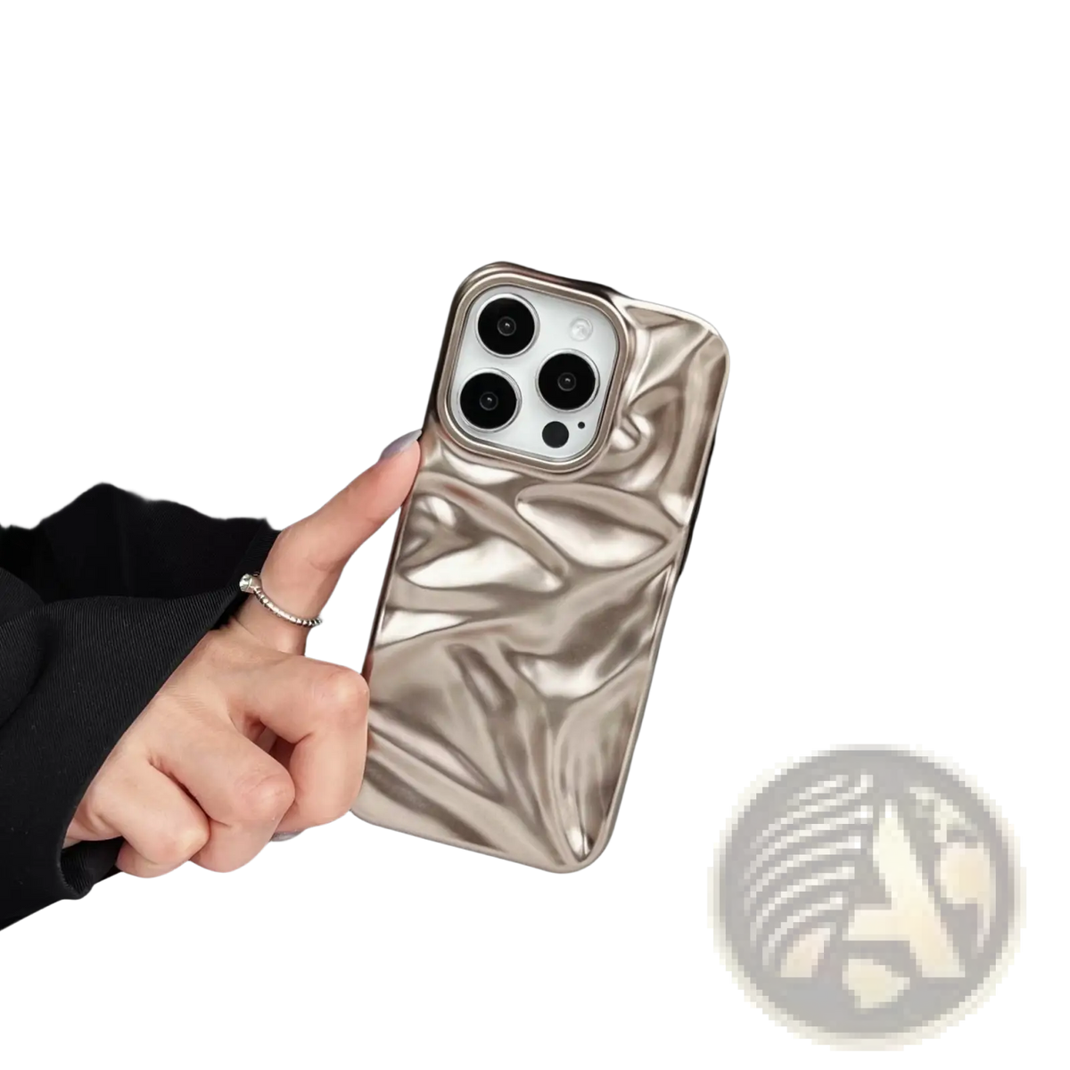 Back side of a shiny metallic gold electroplated 3d pleated phone case with a fluid sculpted design