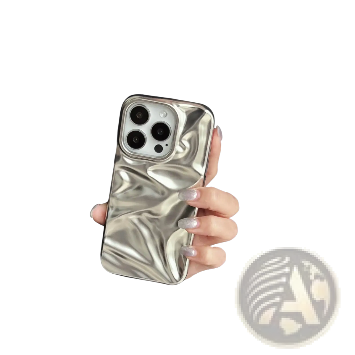 Shiny silver electroplated 3d pleated phone case with a fluid ripple texture shown from the back side
