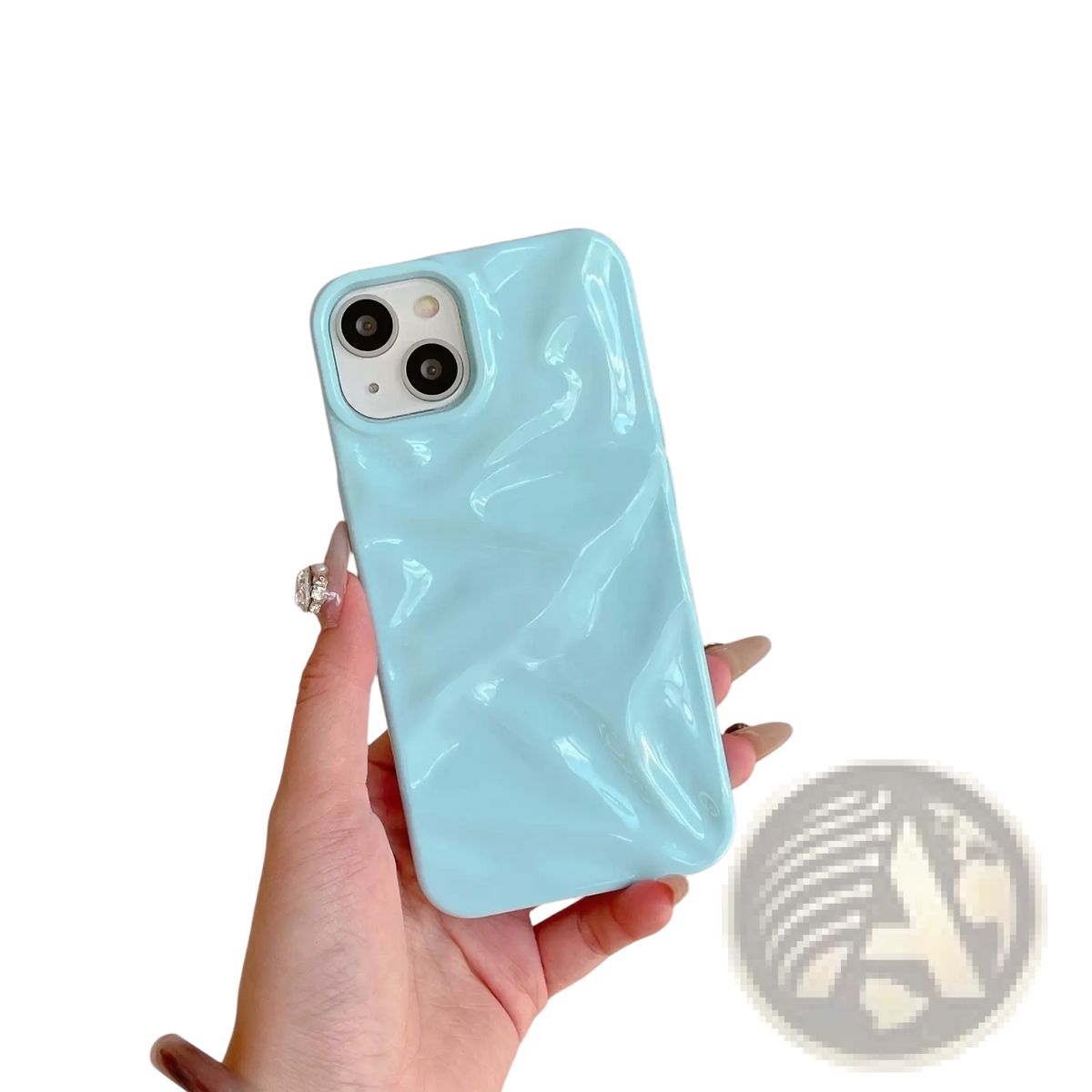 A glossy light blue electroplated 3d pleated phone case with a textured crinkled surface shown from the back side