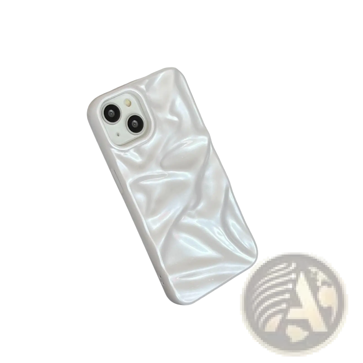 White electroplated 3d pleated phone case with a glossy finish showing the back side detail and crinkled texture