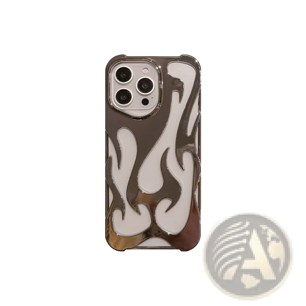 Electroplating flame phone case for iphone 13 pro showing back side with bold white flames on reflective silver metal