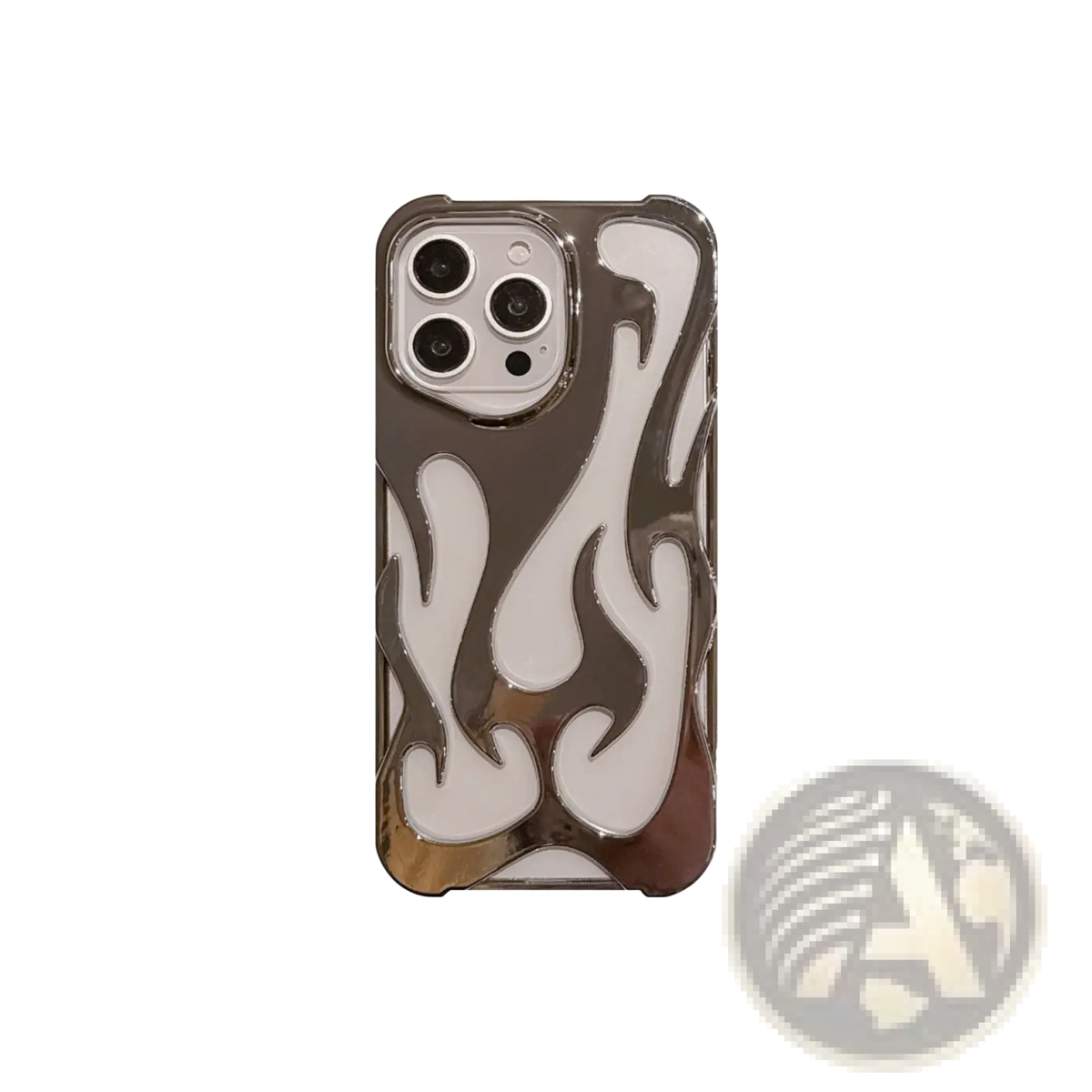 Electroplating flame phone case for iphone 13 pro showing back side with bold white flames on reflective silver metal
