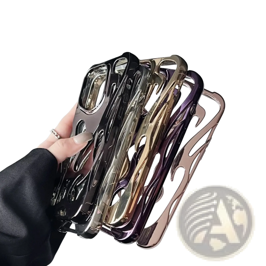 A hand holds the back side of electroplating flame phone cases for iPhone 13 Pro in black gold rose gold and purple