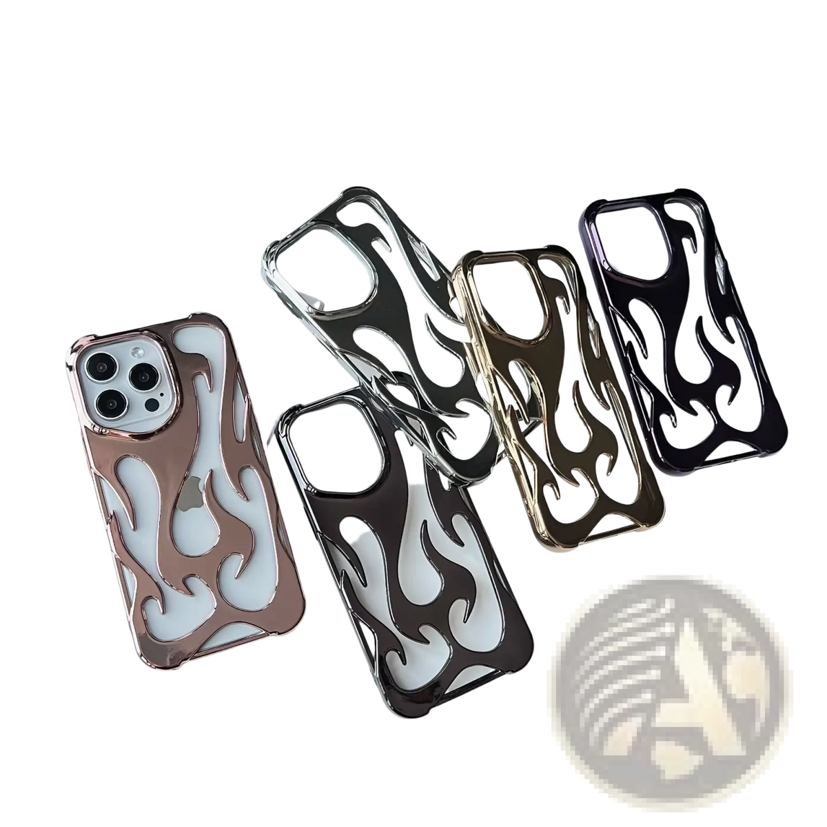 A set of five sleek electroplating flame phone cases for iphone 13 pro in rose gold silver and black with glossy finish backs