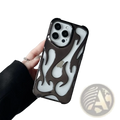 Back side of a sleek black and white electroplating flame phone case with a glossy finish for iphone 13 pro
