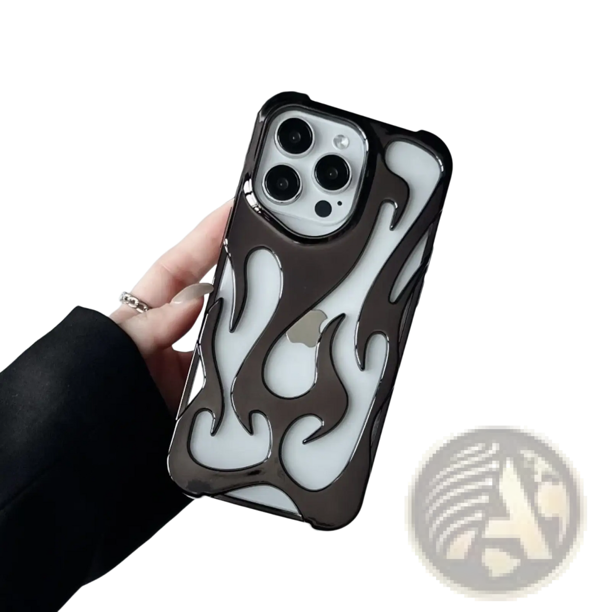 Back side of a sleek black and white electroplating flame phone case with a glossy finish for iphone 13 pro