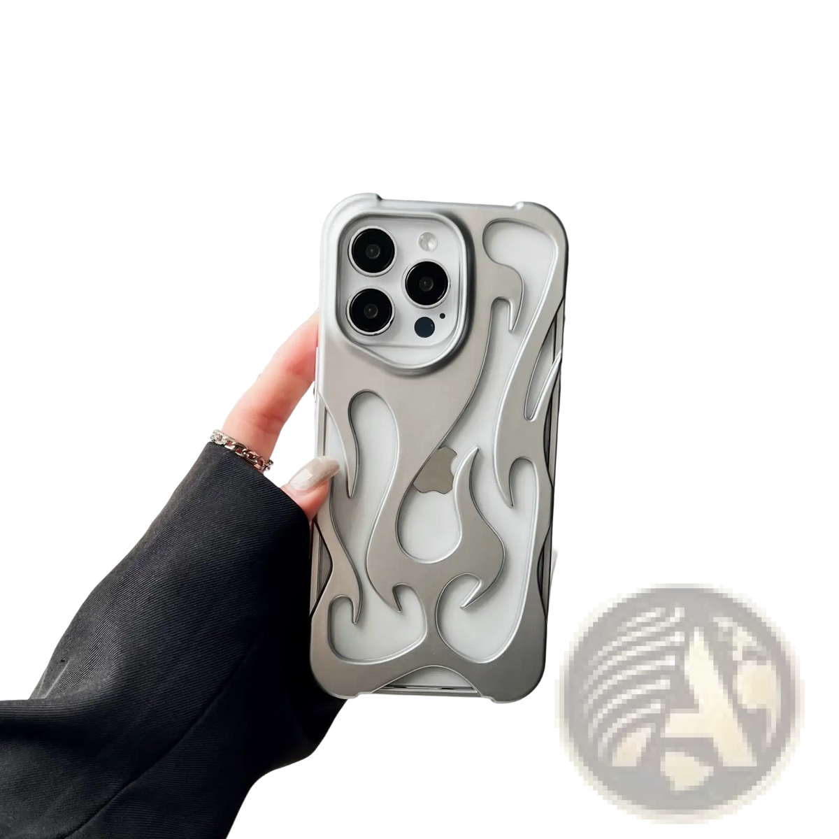 Back side of silver electroplating flame phone case for iphone 13 pro with metallic finish and camera cutouts