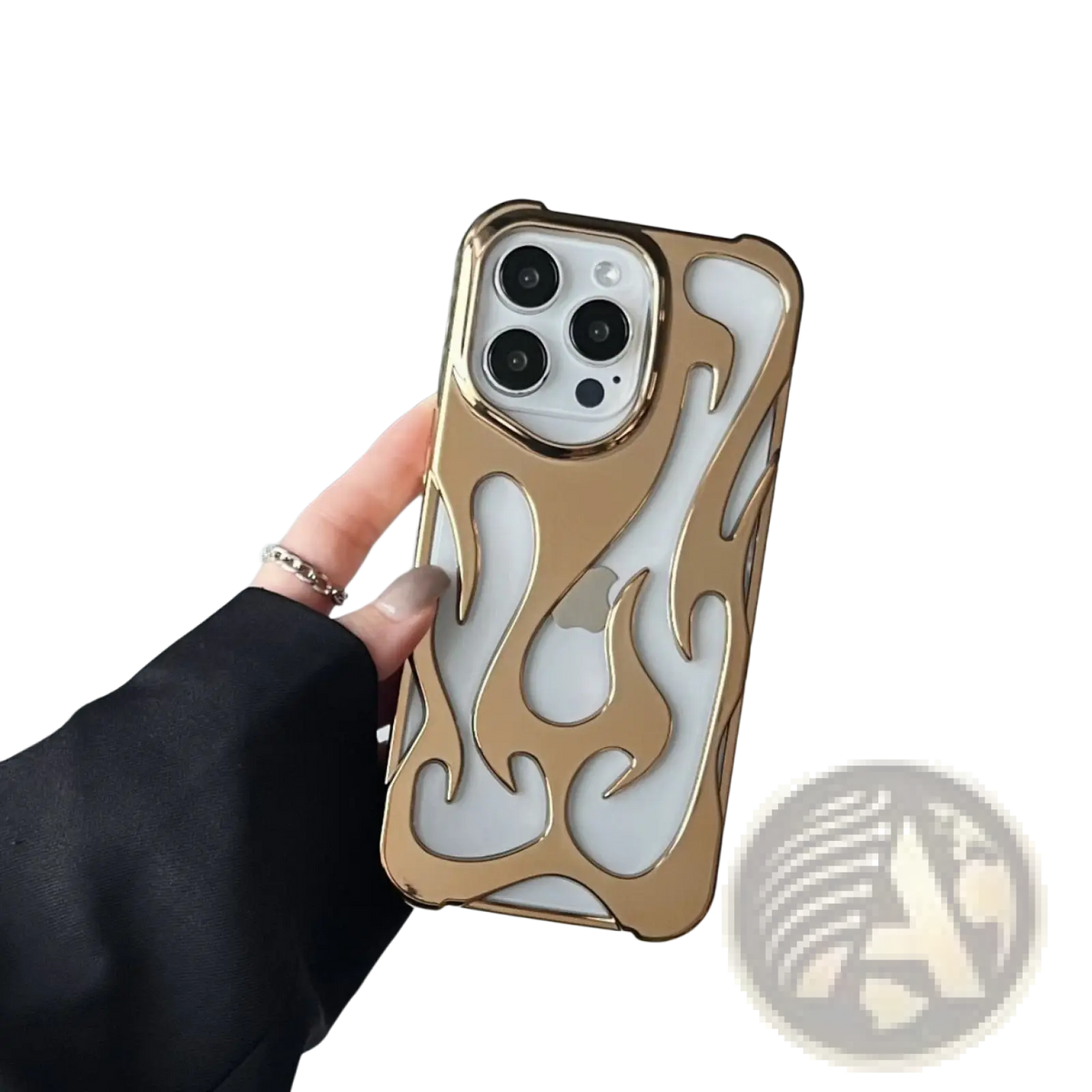 Back side of electroplating flame phone case for iphone 13 pro with gold flame pattern glossy finish and white inner panel
