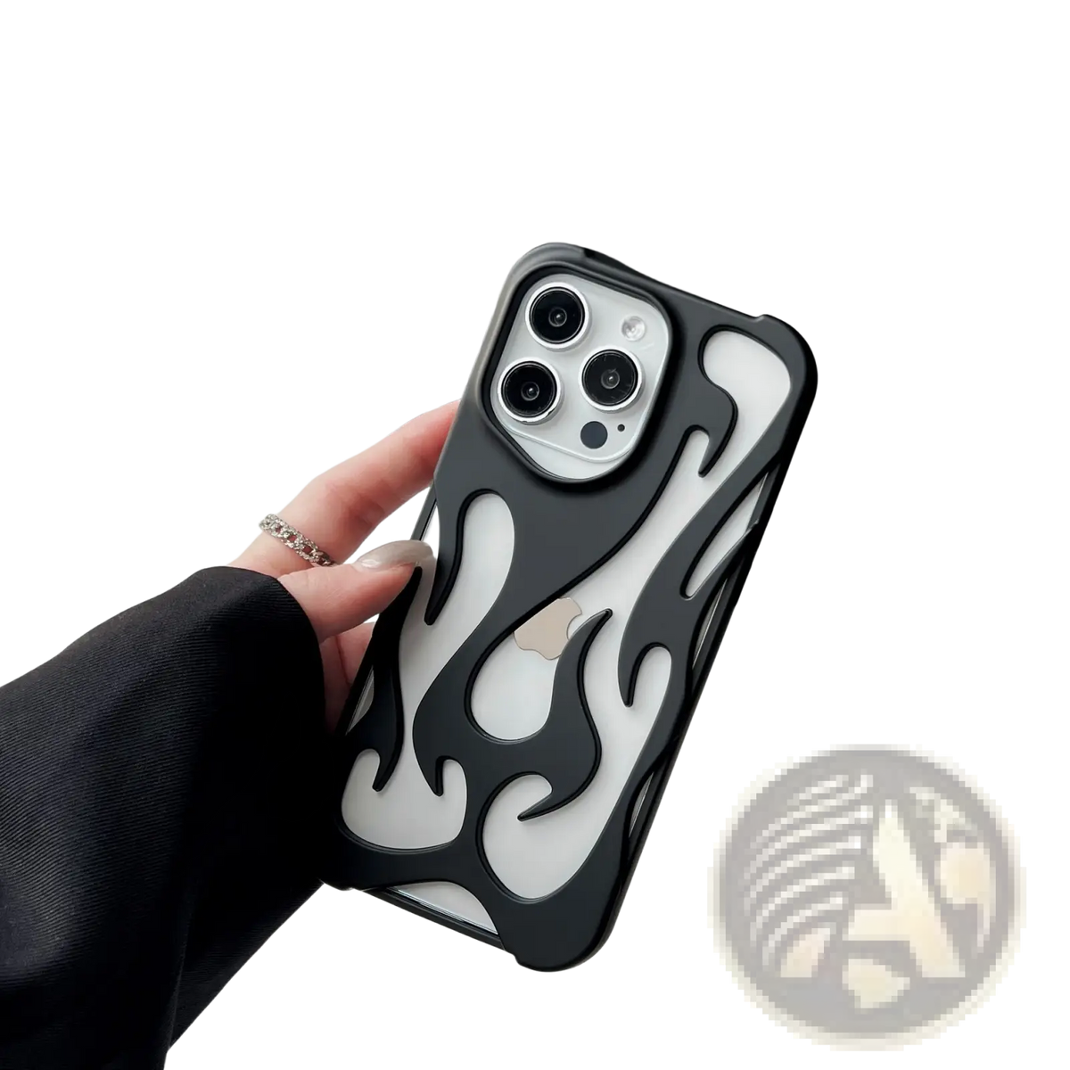 Back view of a black and white flame patterned electroplating phone case with a glossy finish for iphone 13 pro