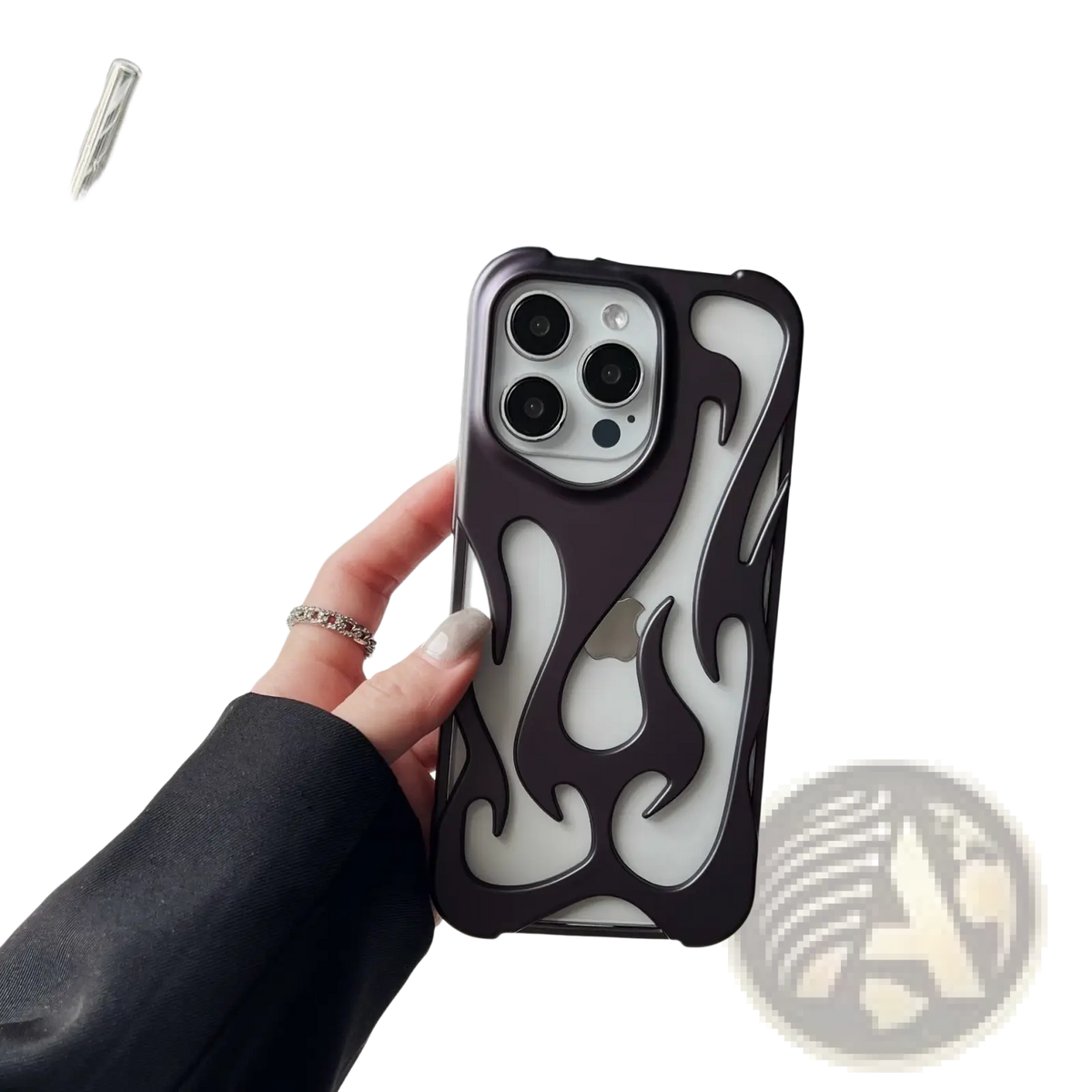 Back side of a sleek black and white flame-patterned electroplating phone case with glossy finish for iphone 13 pro max