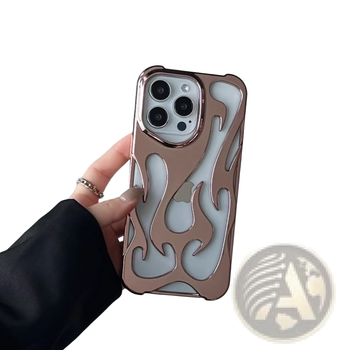The back side of a rose gold electroplating flame phone case with a glossy metallic finish for iphone 13 pro