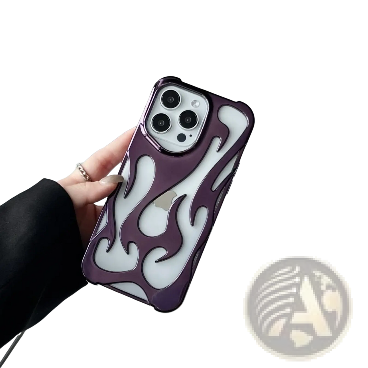 Back side of electroplating flame phone case for iphone 13 pro with purple and white flame pattern and glossy finish
