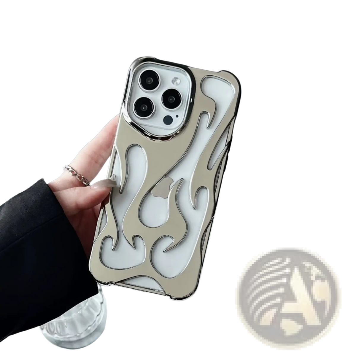 Back side of a sleek silver electroplating flame phone case for iphone 13 pro with glossy white interior and metallic trim