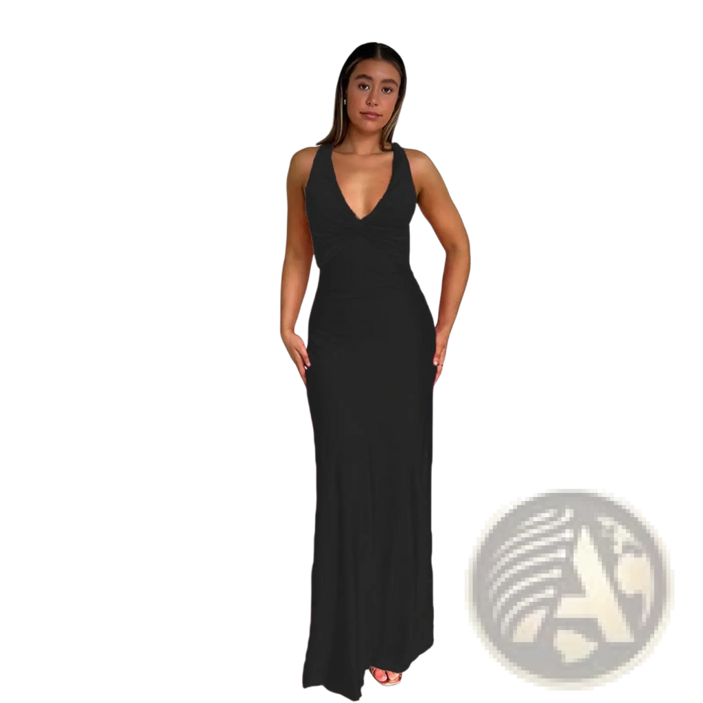 A sleek black sleeveless satin a-line maxi dress with a deep v-neckline and flowing fabric