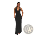 A sleek black sleeveless satin a-line maxi dress with a deep v-neckline and flowing fabric