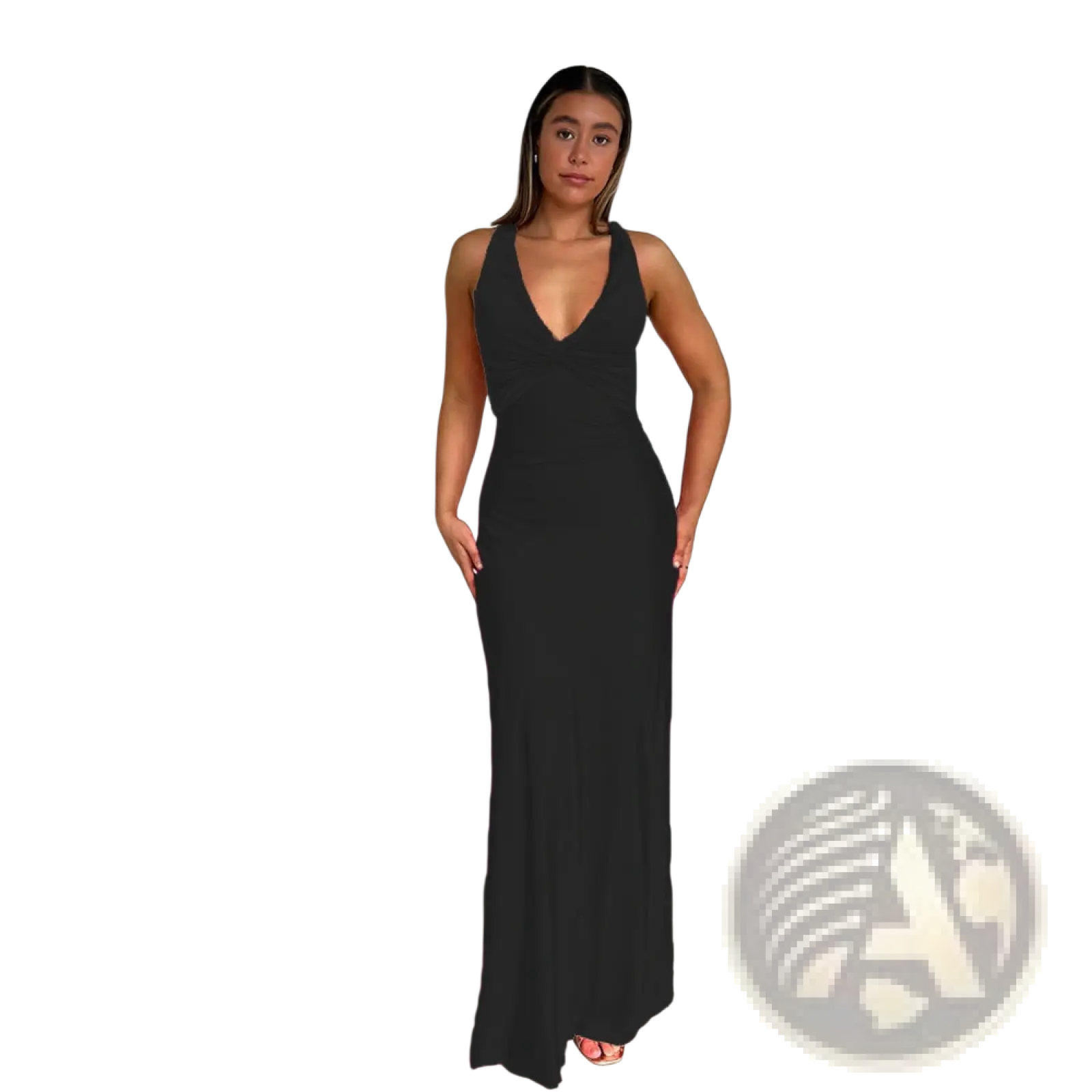A sleek black sleeveless satin a-line maxi dress with a deep v-neckline and flowing fabric
