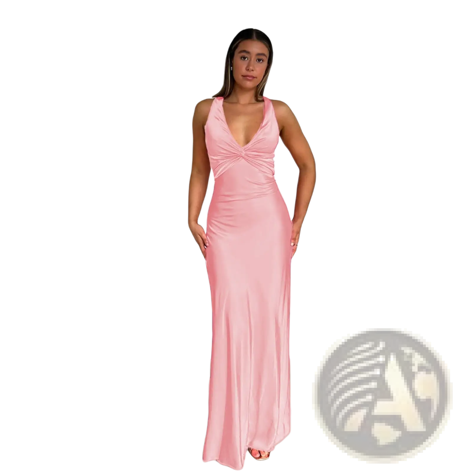 Elegant backless satin a-line maxi dress in soft pink with a deep v-neckline and twisted bust detail