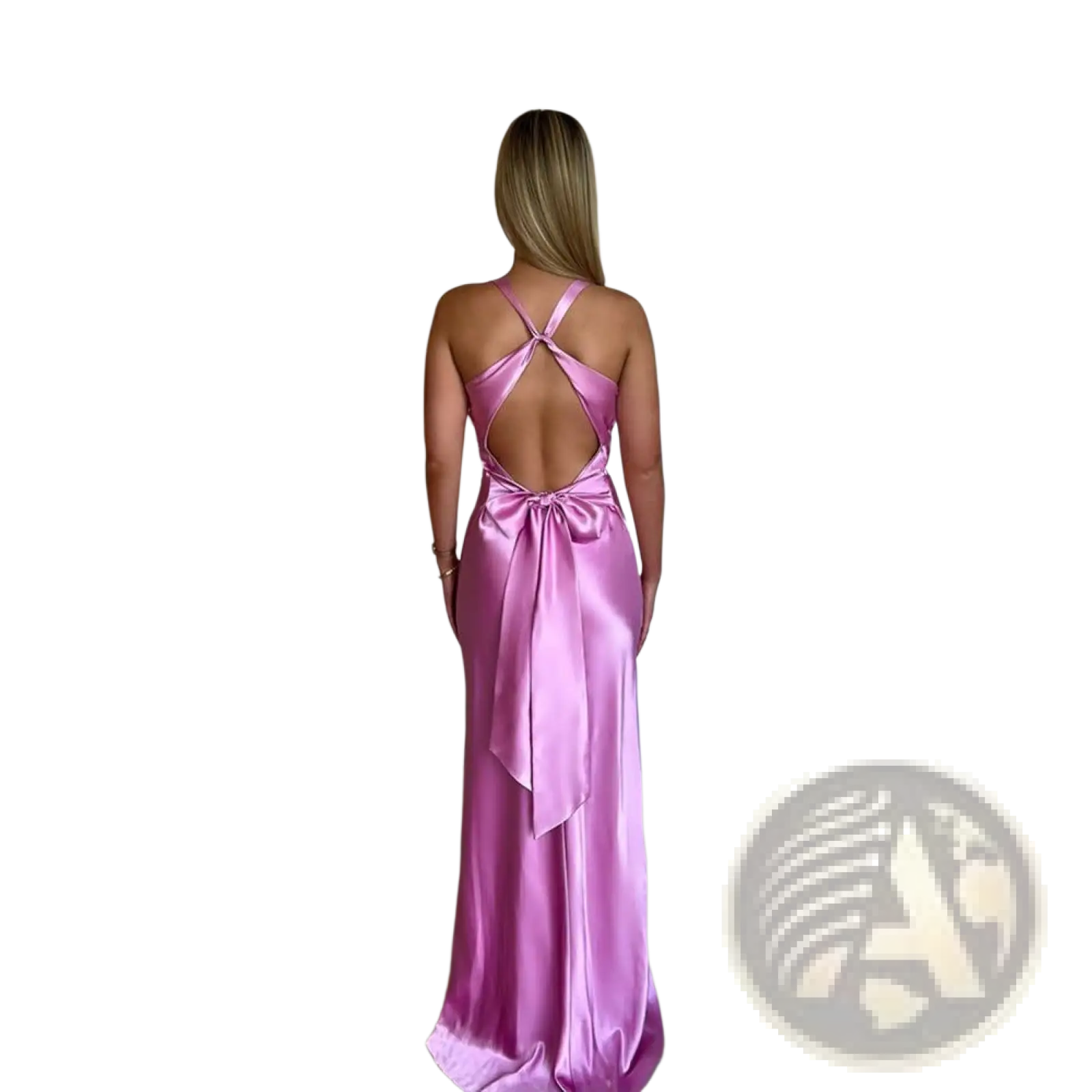 A flowing satin pink evening gown with a backless design and tied bow at the waist shown from the back
