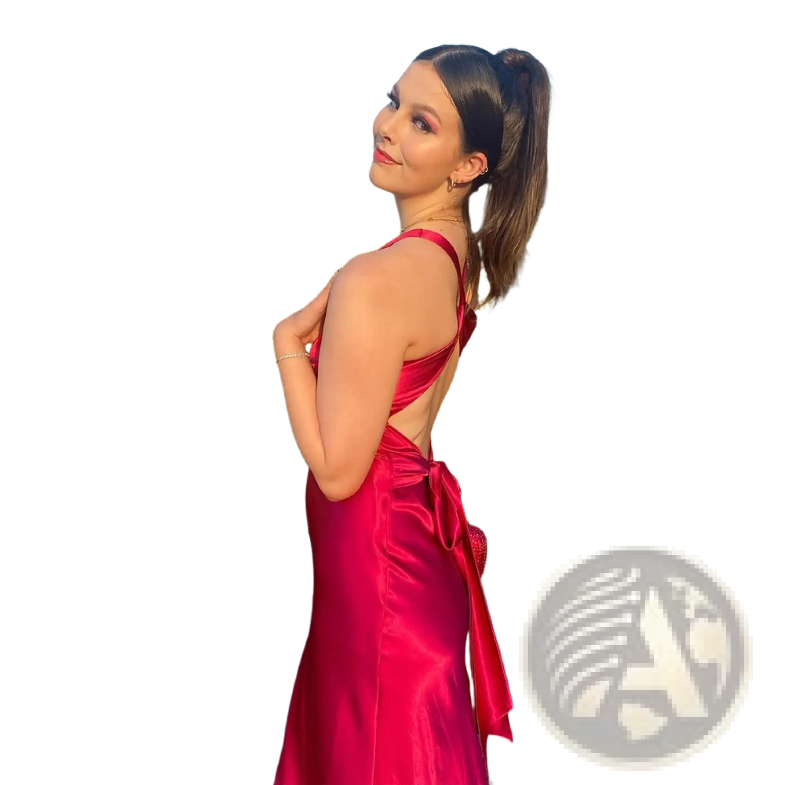 Back view of an elegant backless fuchsia satin a-line maxi dress with a halter neckline and tie detail