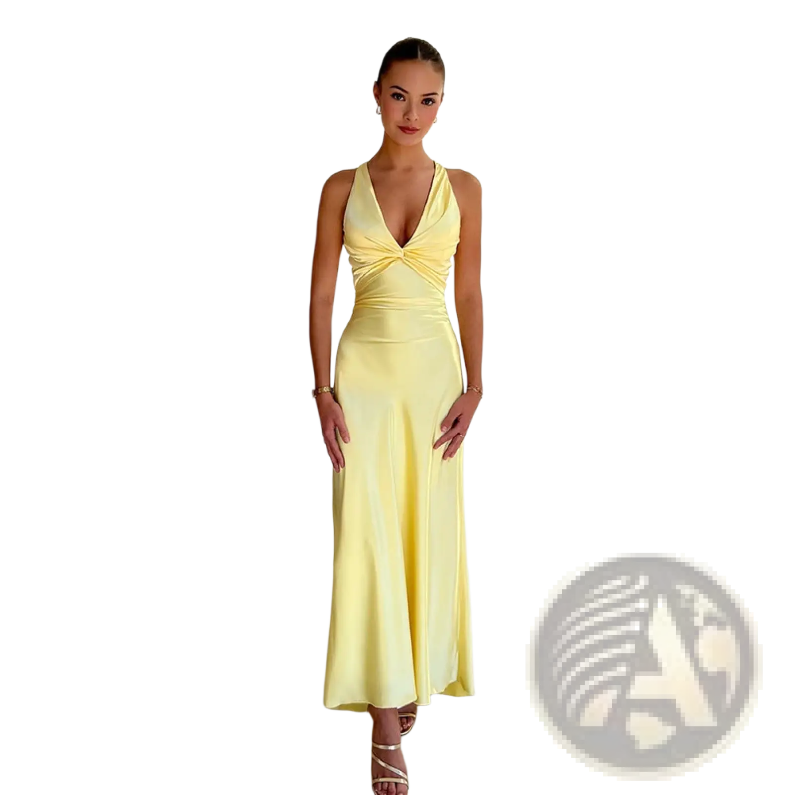 Elegant backless satin a-line maxi dress in pale yellow with deep v-neckline and twisted knot detail at the bust