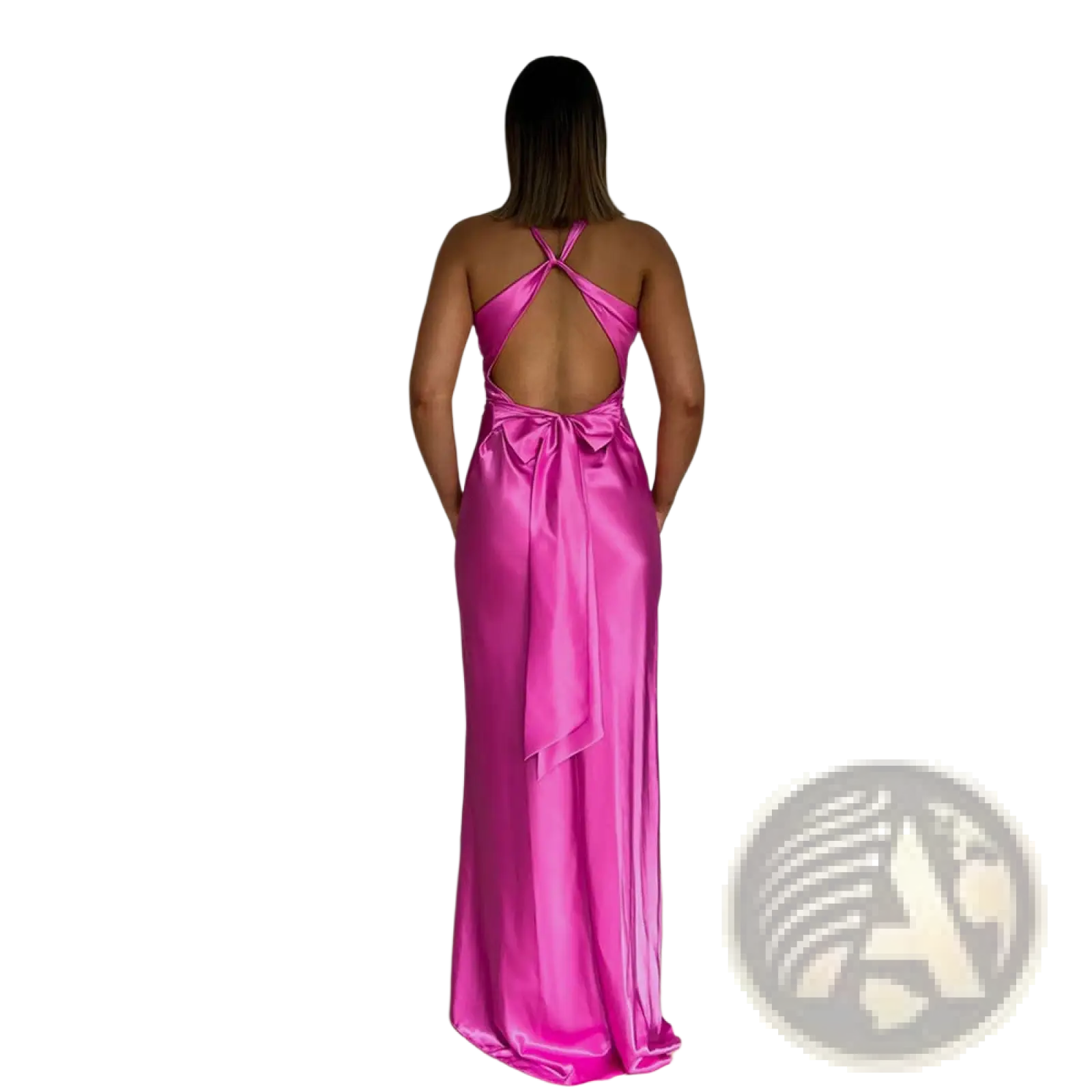 Back view of an elegant backless fuchsia satin a-line maxi dress with cross strap and bow detail