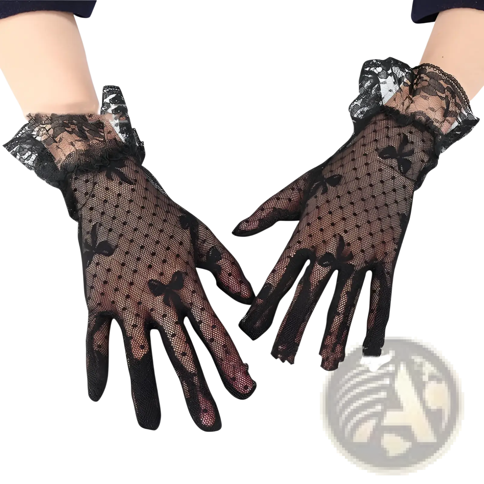 Elegant black floral lace gloves featuring ruffled cuffs and delicate patterns for sophisticated occasions