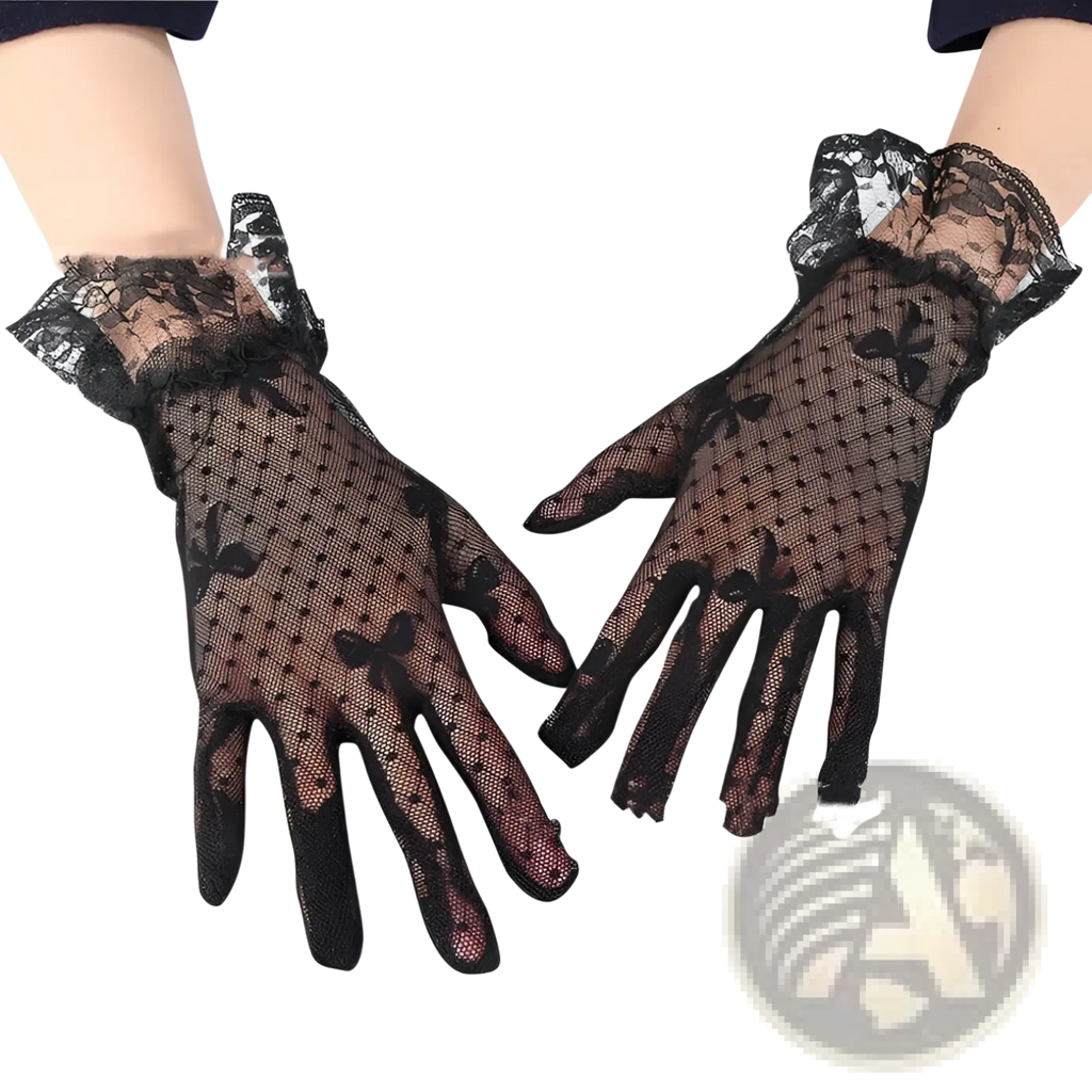 Elegant black floral lace gloves featuring a ruffled cuff and delicate patterns for formal occasions