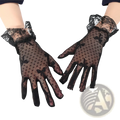 Elegant black floral lace gloves featuring a ruffled cuff and delicate patterns for formal occasions