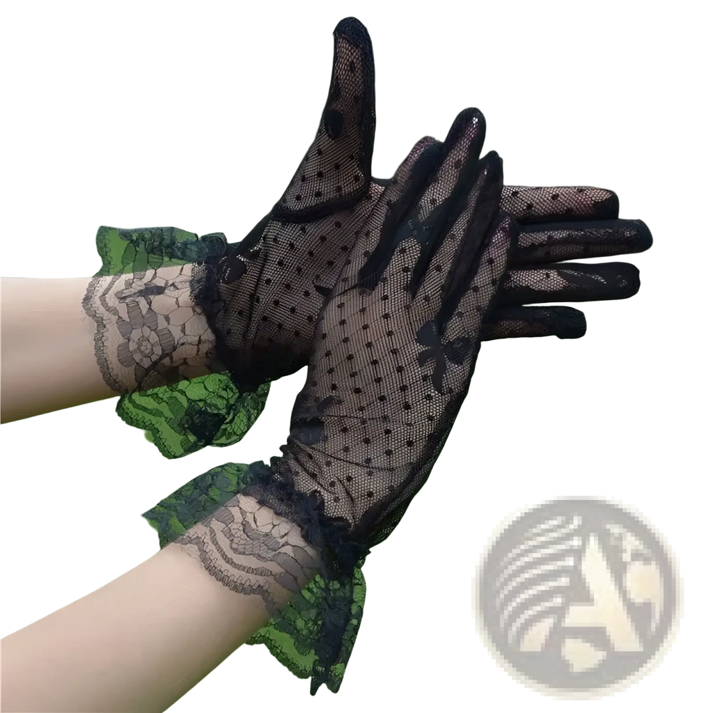 Elegant black floral lace ruffled bow gloves featuring delicate floral patterns and ruffled cuffs for formal wear
