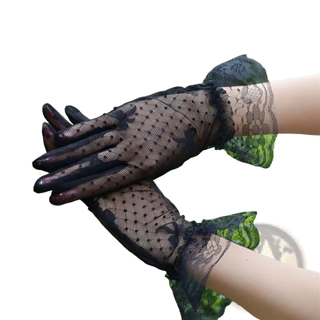 Elegant black floral lace ruffled bow gloves featuring sheer dotted mesh and delicate floral trim at the cuffs