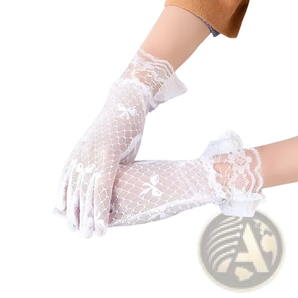 White lace gloves with delicate floral patterns and ruffled cuffs complementing elegant black floral lace ruffled bow gloves
