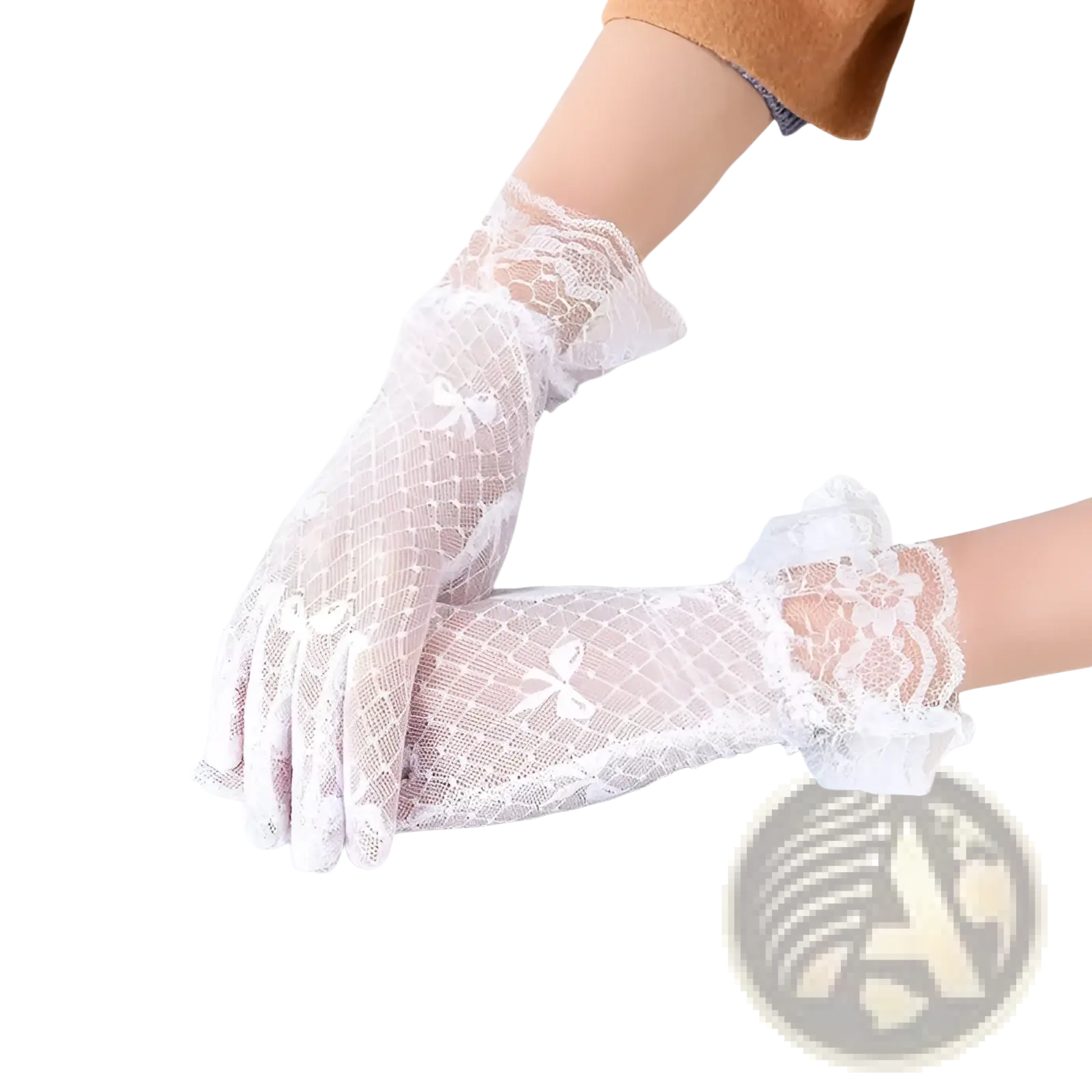 White lace gloves with delicate floral patterns and ruffled cuffs complementing elegant black floral lace ruffled bow gloves
