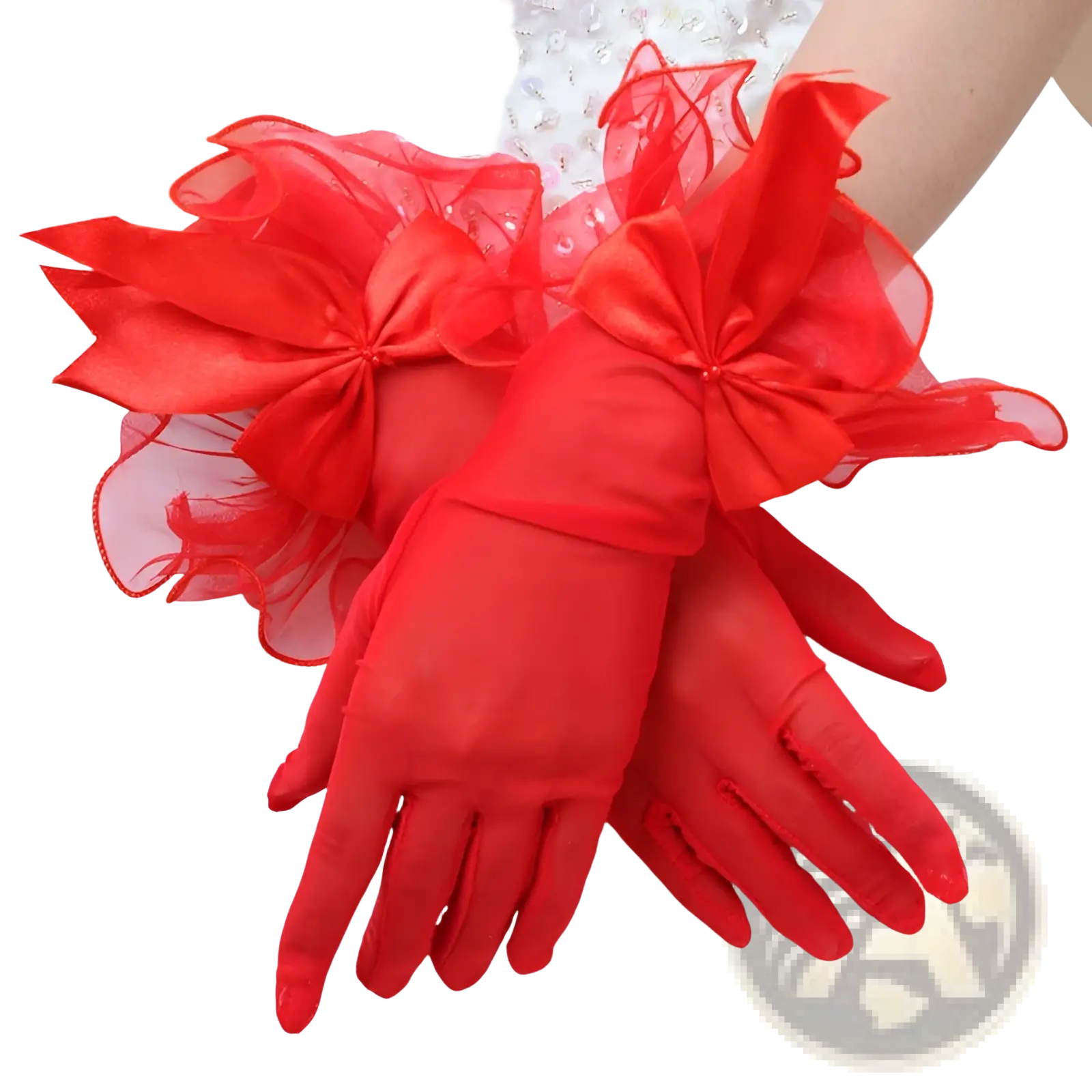 Elegant black lace and satin bow evening gloves featuring red satin material with sheer organza bows at the wrist