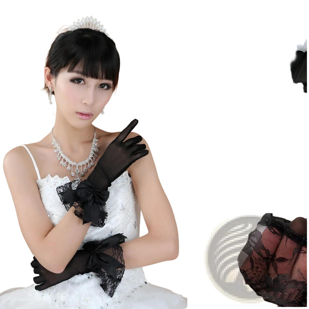 Elegant black lace evening gloves featuring a satin bow at the wrist for formal occasions shown from the back side
