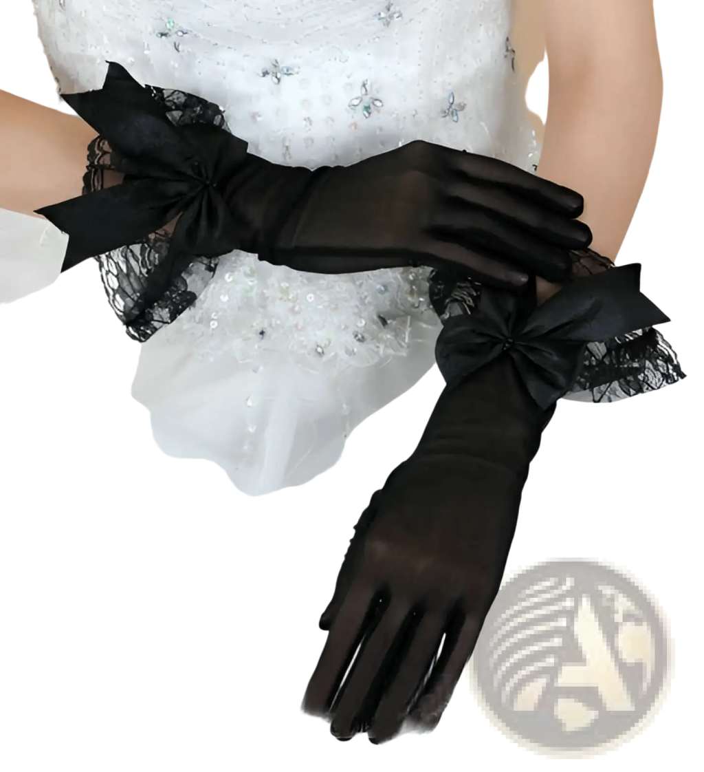 Elegant black satin evening gloves with lace cuffs and bow details, shown from the back side