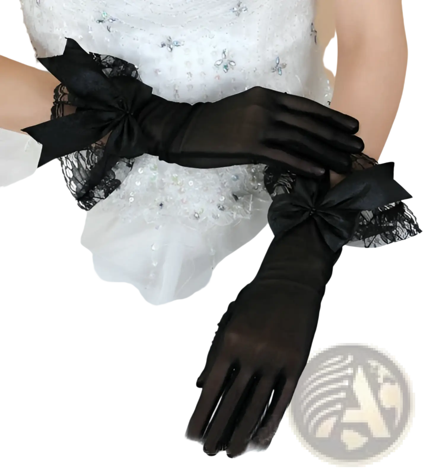 Elegant black satin evening gloves with lace cuffs and bow details, shown from the back side