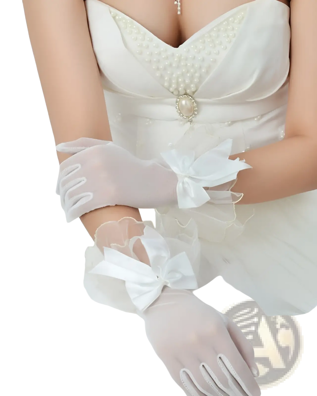 Elegant white mesh evening gloves with satin bows and ruffled cuffs complementing black lace design