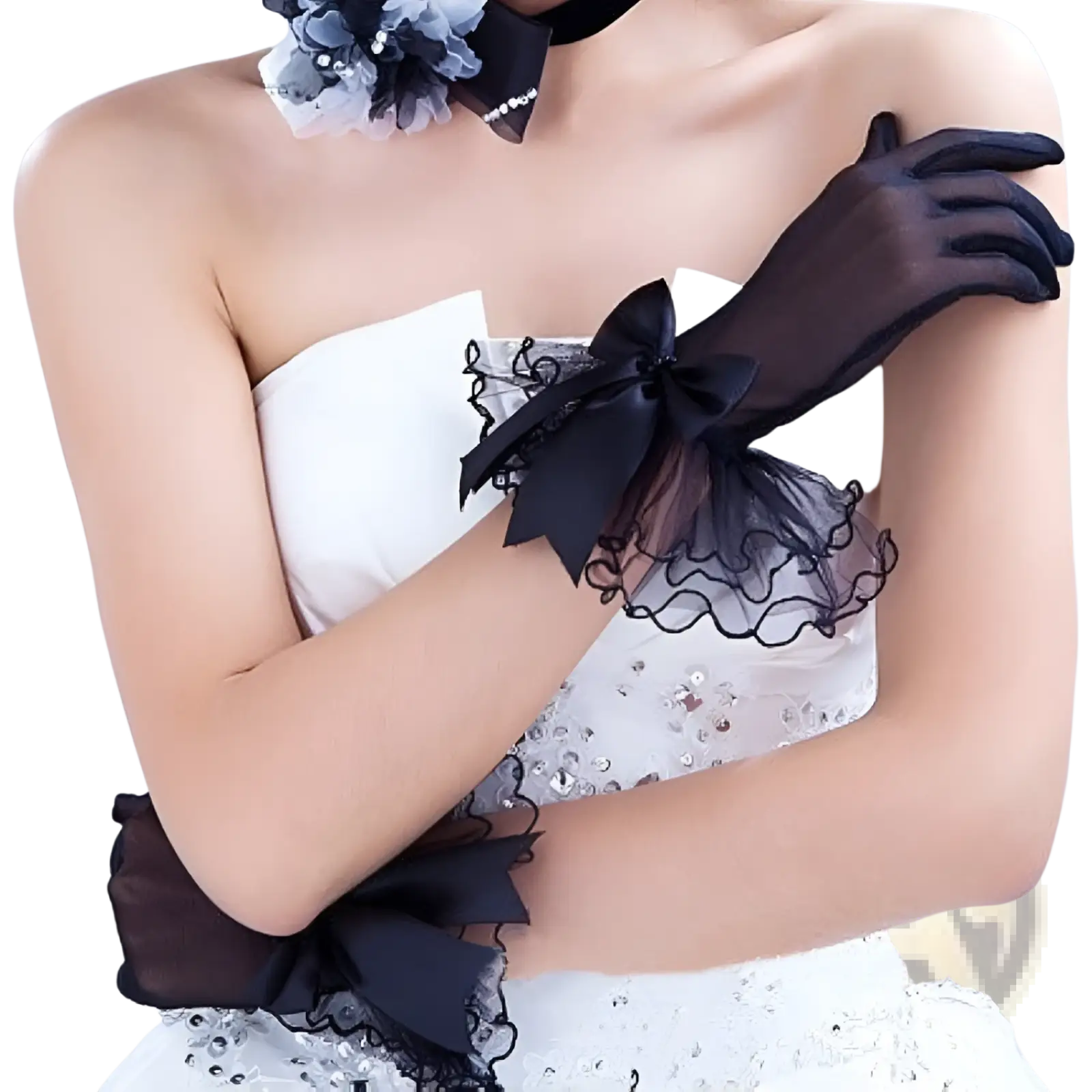 Elegant black lace evening gloves featuring sheer material, satin bow, and ruffled trim for formal occasions