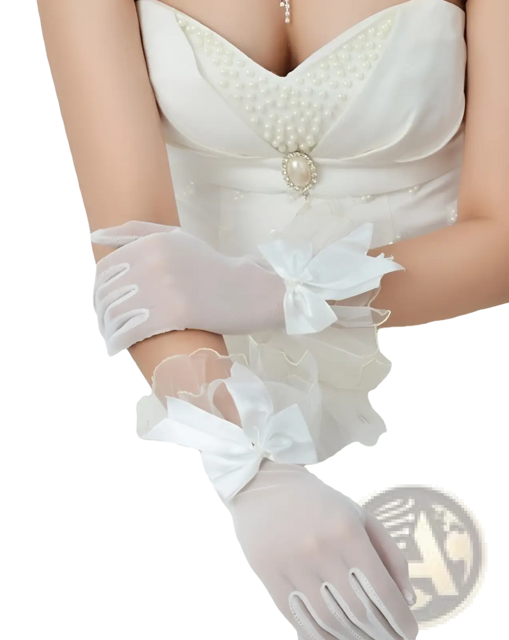 White sheer mesh gloves with delicate ruffled cuffs and matching satin bows for elegant evening wear