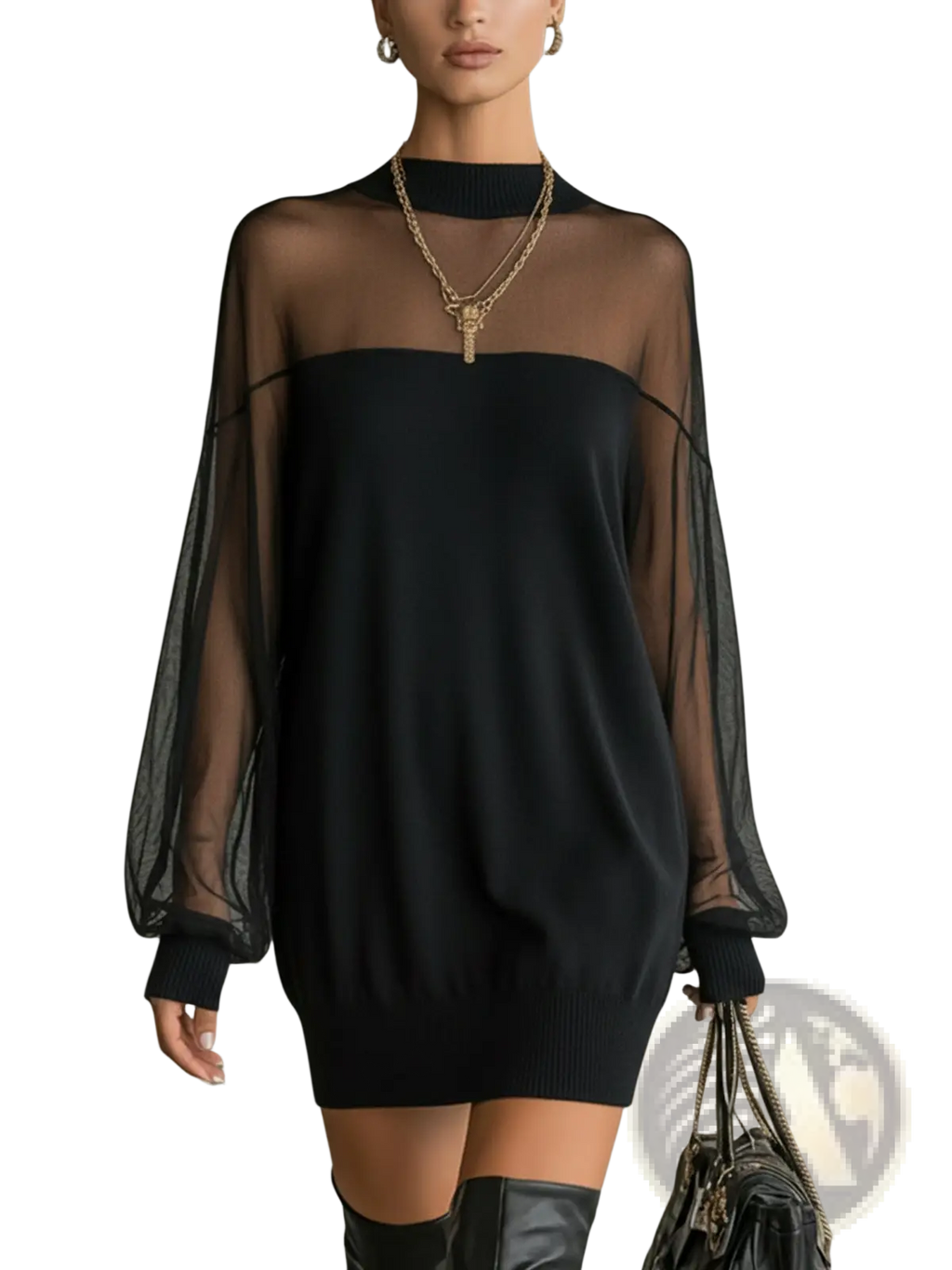 Elegant black sheer mesh long-sleeved mini dress with ribbed high neckline and hem for stylish occasions