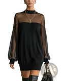 Elegant black sheer mesh long-sleeved mini dress with ribbed high neckline and hem for stylish occasions