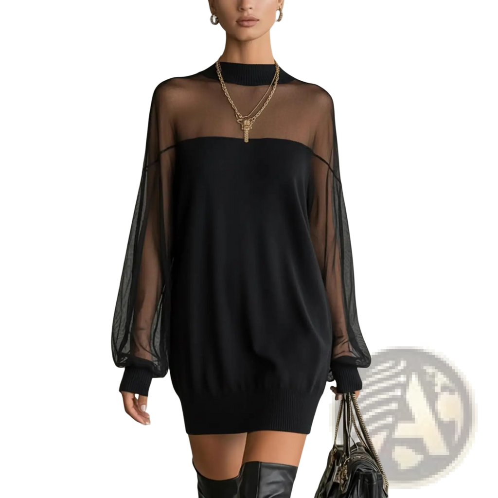 Elegant black sheer mesh patchwork long sleeve mini dress with ribbed cuffs and delicate sheer design